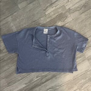 Women’s Waffle Knit Blue Button Crop Shirt